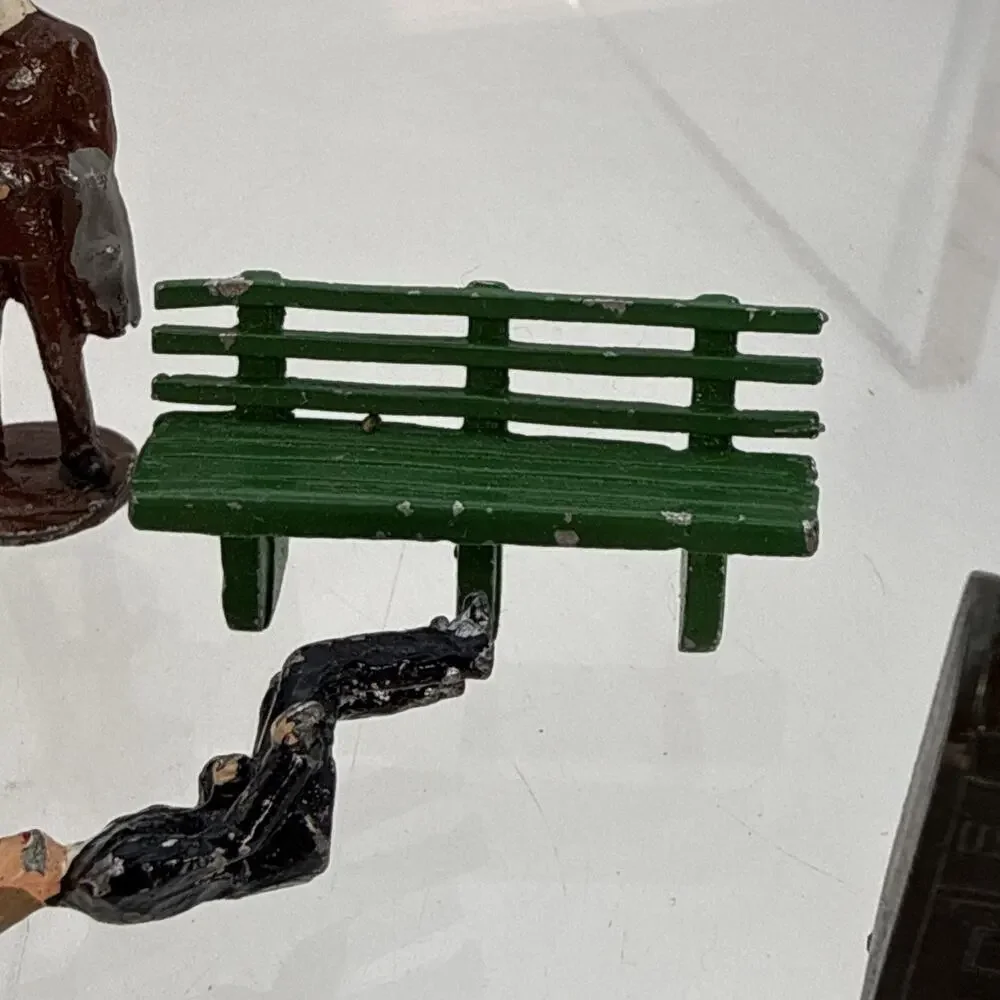 16 Barclay Manoil Painted Lead Traveler Figurines, Benches, Mailbox, Trash, Duck